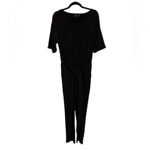 Kaari Blue Jumpsuit Black V Neck Tie Belt Size Small NWOT